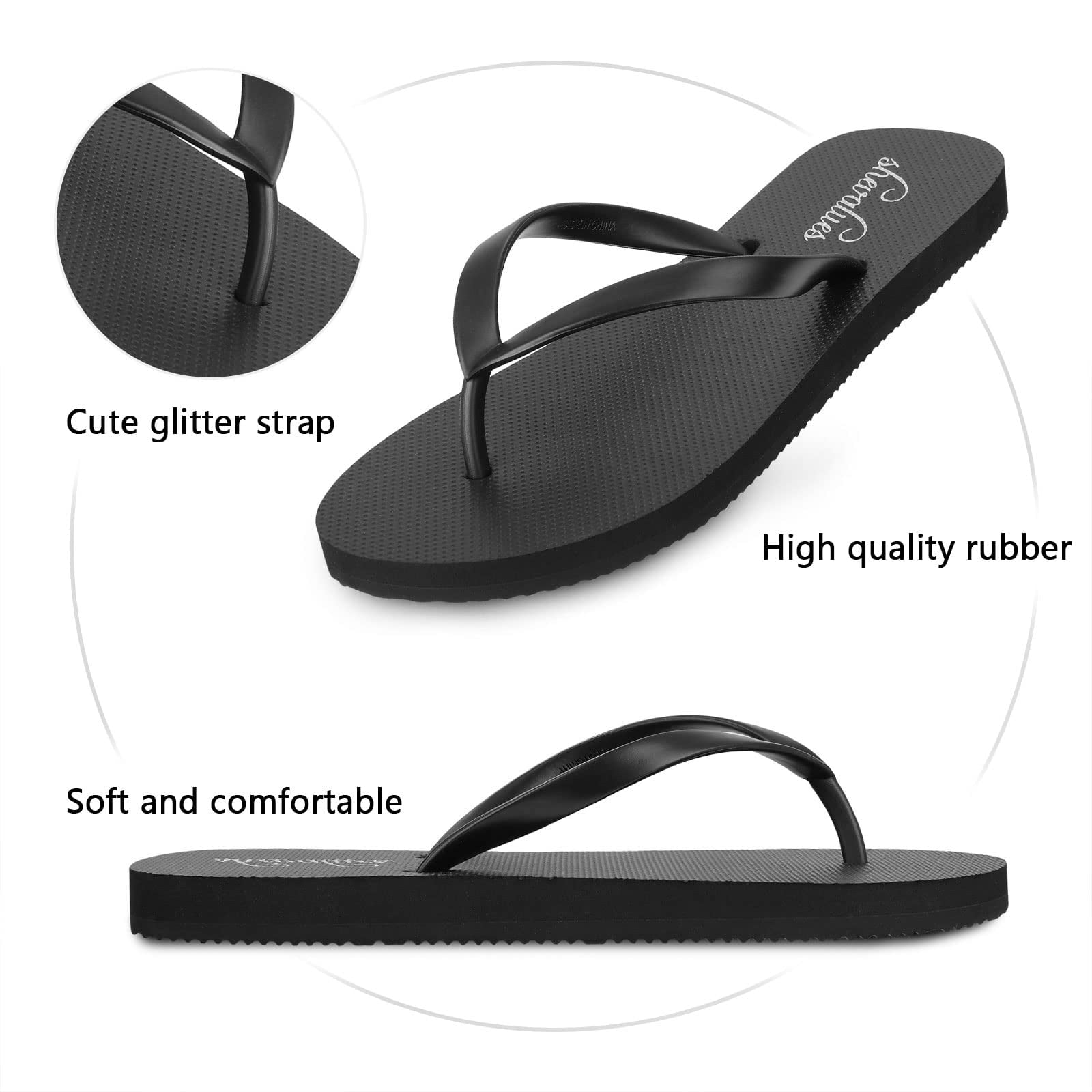 Slim Flip Flops for Women Casual Thong Flat Sandals Soft Rubber Slip on Sandals,Black,8-8.5