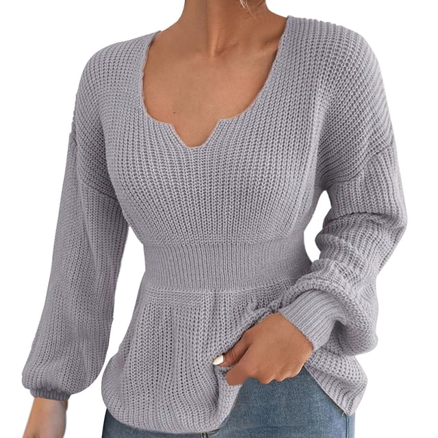 Gibobby Suéter térmico de manga larga Suéter de invierno con cuello en V para mujer Suéter de punto con cintura de volantes de color sólido (Gris, S)