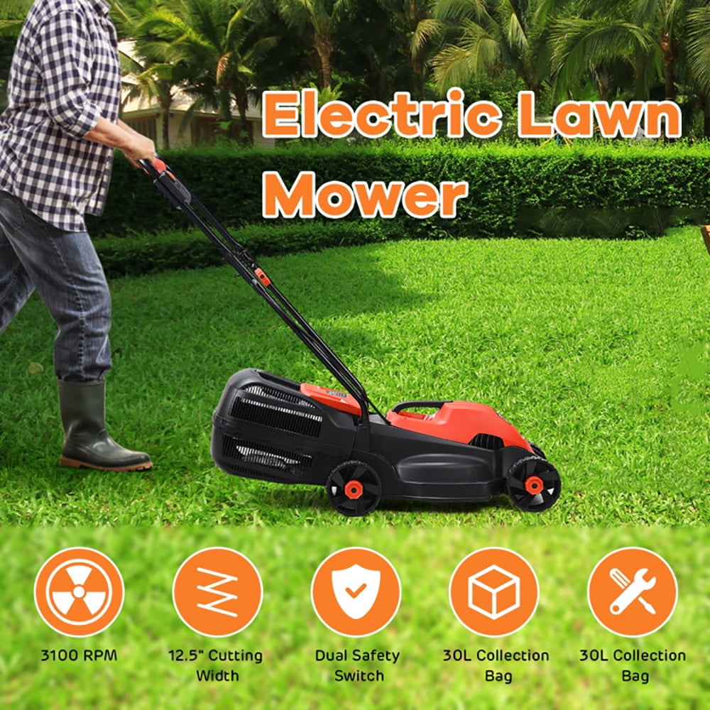 Resenkos 14” 12-Amp 120V Corded Electric Push Lawn Mower, Height Adjustable, with Grass Bag, Red