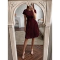 thumbnail image 3 of Burgundy Pleated A-Line Self-Belted Short Sleeve Dress With Boat Neck, 3 of 5