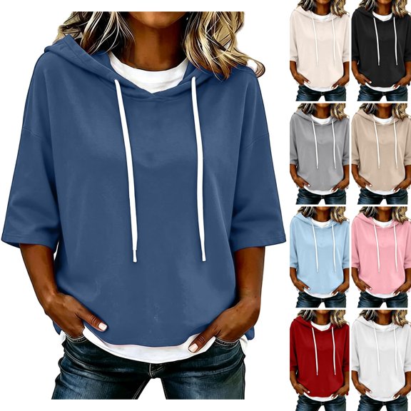 WULMLEO Hoodies for Women 3/4 Sleeve Hooded Sweatshirt 2026 Lightweight Athletic Pullover Comfy Tops Casual Comfort Travel Sweaters Blue S