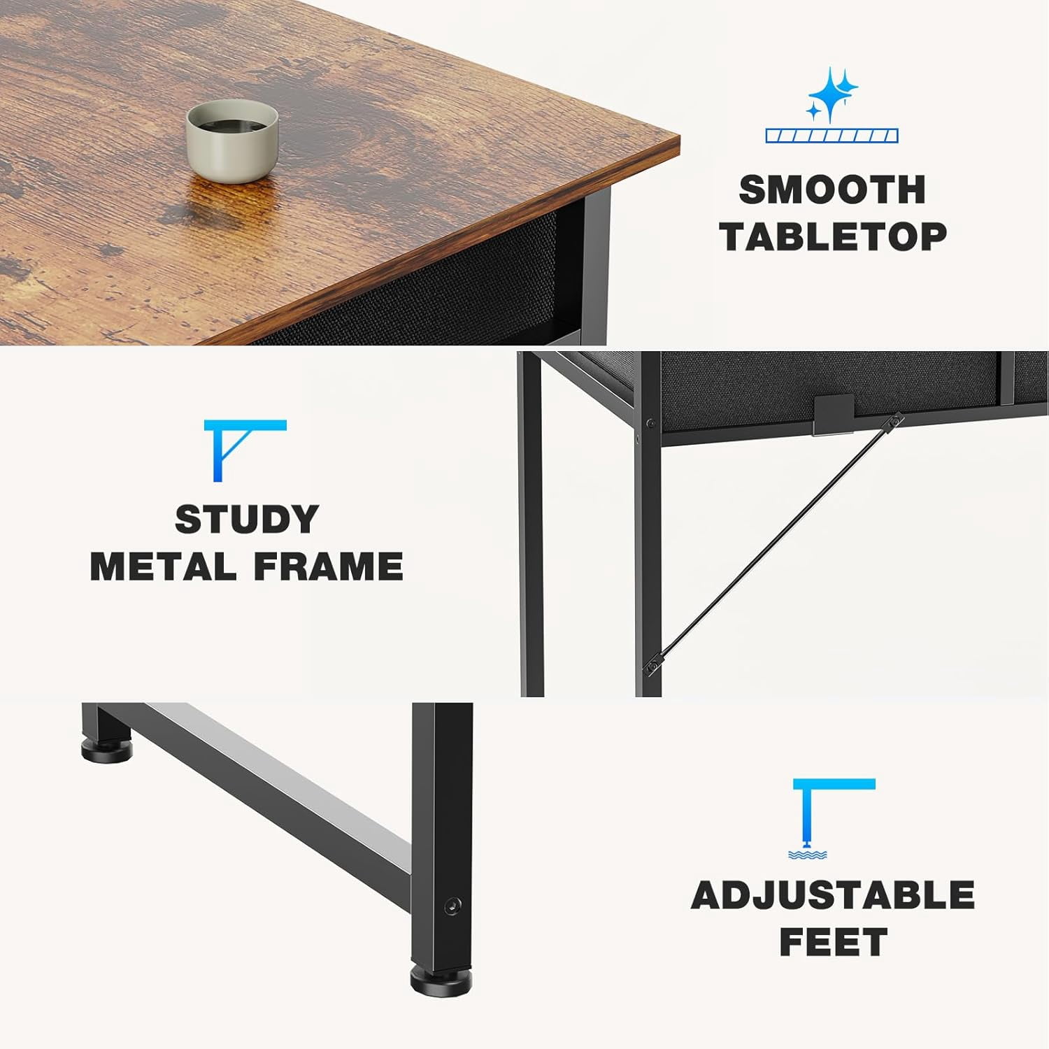 32 inch Small Desk with Drawers, Modern Study Writing Table Computer Desks with Storage Bag & Hook for Bedroom Home Office, Rustic Brown