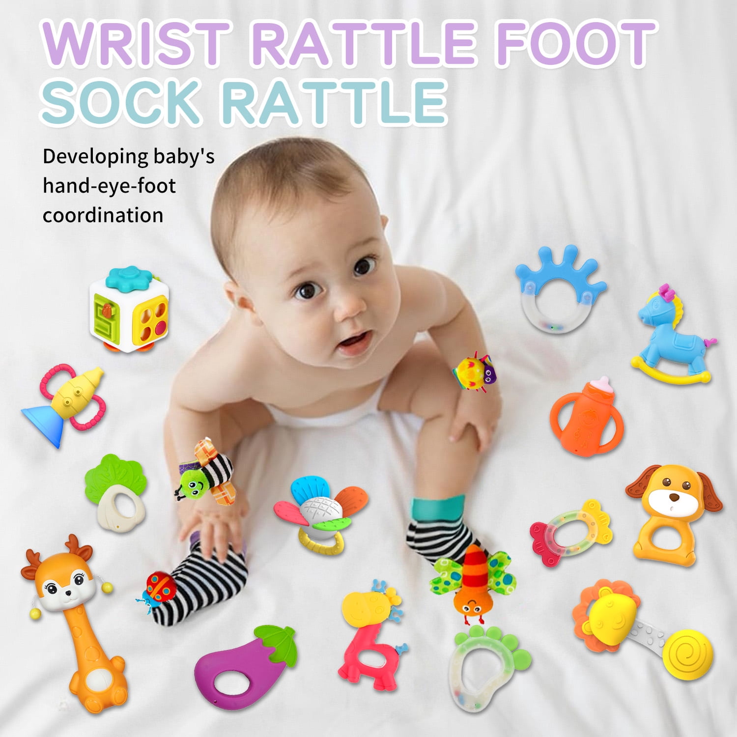 LINXUXIE Baby Rattle Set, Infants Rattles Teething Toys & Wrist Socks Suitable, Perfect Baby Gift for 6 Months Boys & Girls
