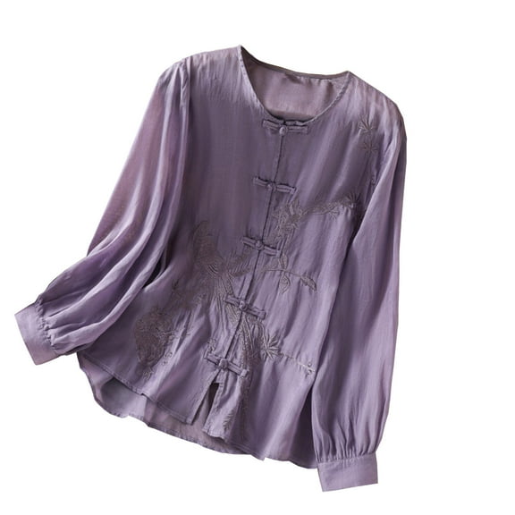 Stamzod Womens Tops Fashion Solid Color Summer Crewneck Embroidered Blouses with Disk Buckle Casual Loose Long Sleeve Button Down Shirts for Women Purple-1 M