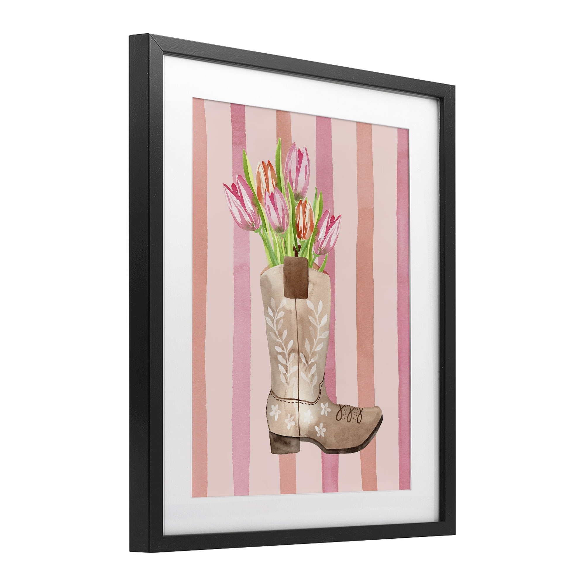 Tulip Cowgirl on Stripes Black Framed Print Under Glass, design by Nina Jacobs