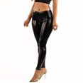 thumbnail image 2 of OFENTI Metallic Shiny Leggings - Mid Waist Faux Leather Footless Tights Pants Wet Look Skinny Glamour Black X-Large, 2 of 6