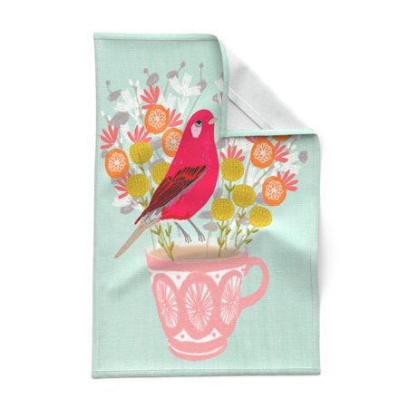 

Printed Tea Towel Linen Cotton Canvas - Bird Teacup Tea Sewing Kitchen Floral Whimsical Print Decorative Kitchen Towel by Spoonflower