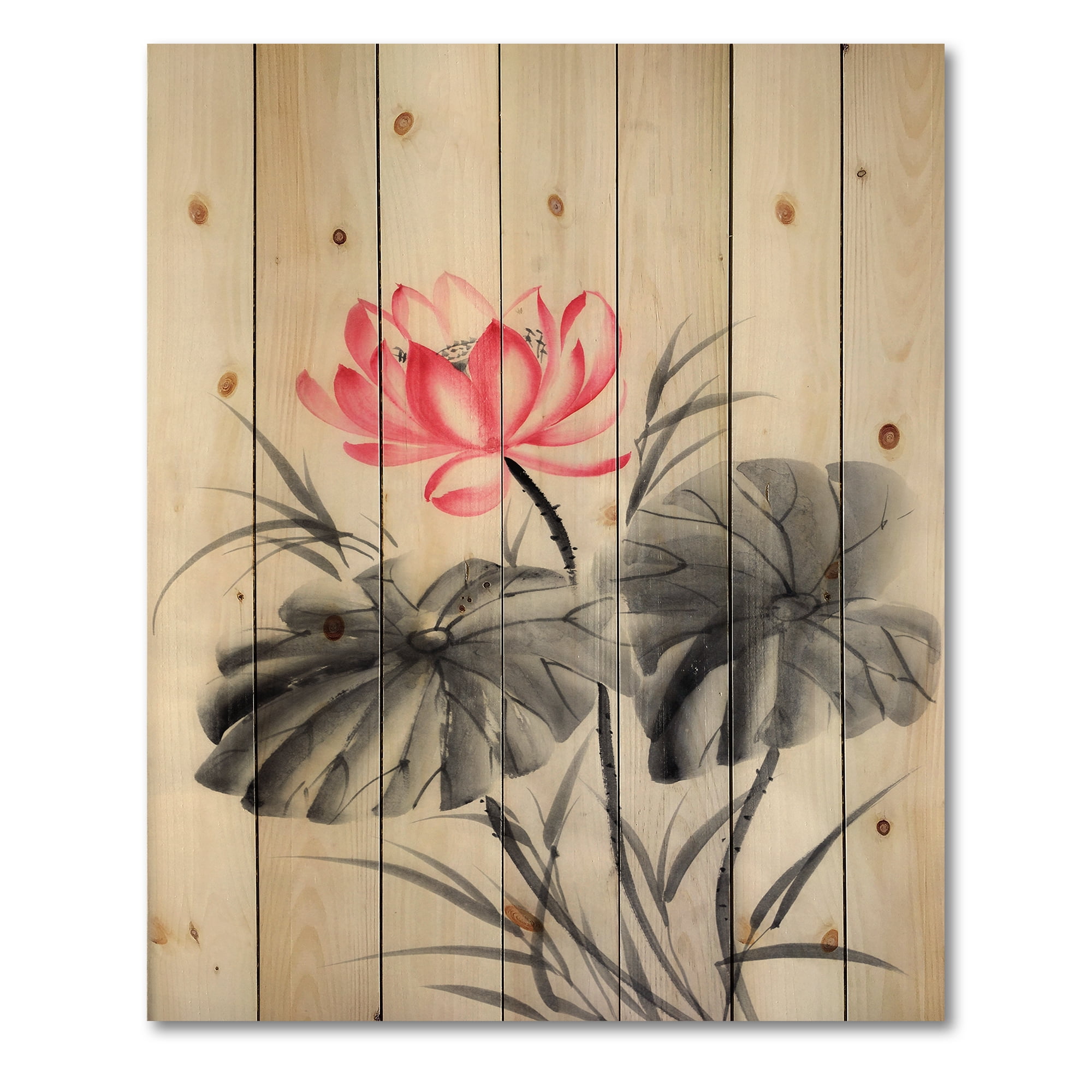 Designart 'Two Monochrome Leaves With Lotus Flower' Traditional Print on Natural Pine Wood
