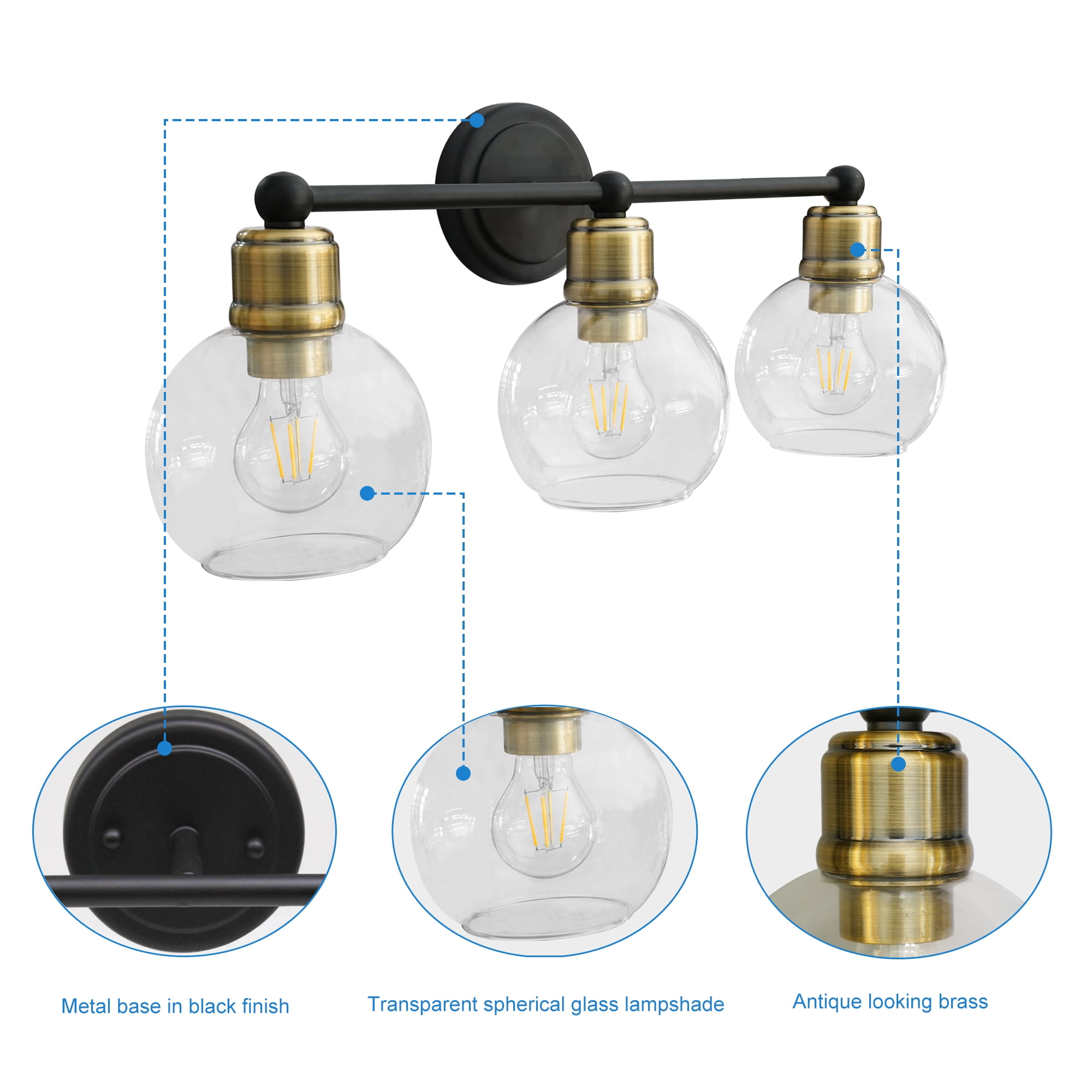 Modern Elegant 24" Black 3-Light Bathroom Stylish Vanity Light Fixture,  Wall Lamps Over Mirror, Clear Glass Shade,  Wall Sconces For Bathroom, Living Room, Kitchen, Corridor,  Bedroom