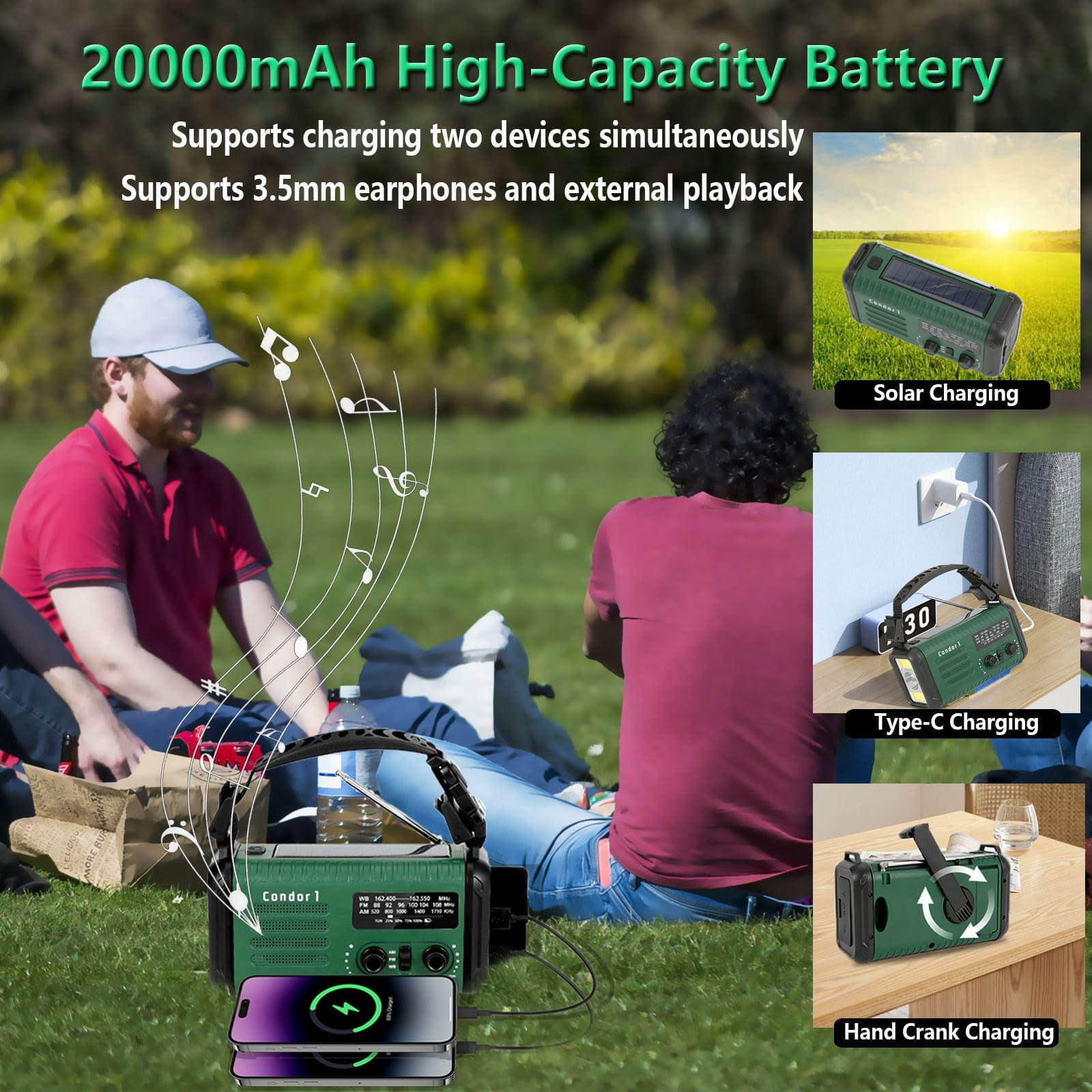 20000mah/ 74000mwh Hand Crank Emergency Radio  Am/fm/noaa Weather Solar With Usb Phone Reading Lamp Flashlight & Sos For (army Green)