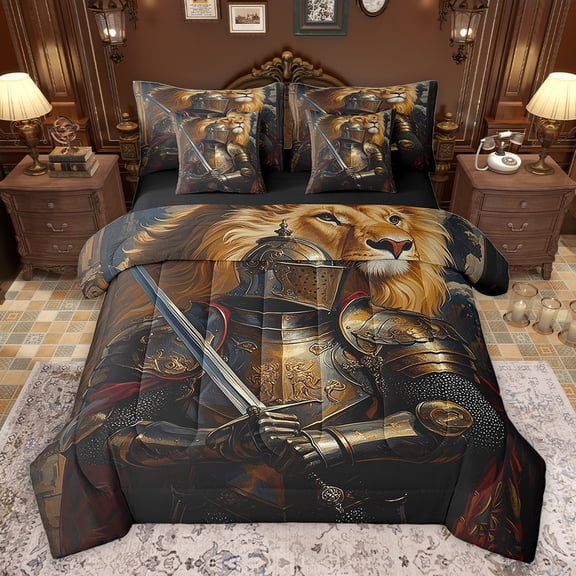 Feelyou Ancient Viking Warrior Bedding Comforter Set 7pcs, Magic Cartoon Lion Queen Bedding Sets, Cartoon Animal Reversible Queen Sheet Sets, Lightweight Room Decor