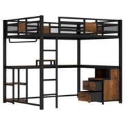 Bellemave Queen Size Loft Bed with Desk, Metal Loft Bed with Storage Shelves & Non-woven Fabri Drawers and Built-in Ladders for Teens, Adults, Black
