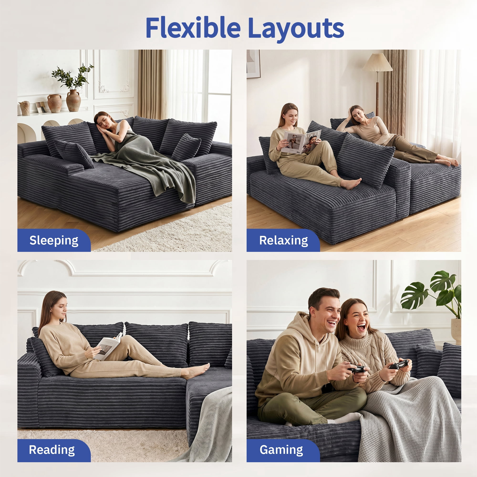 Leumius 95" Boneless Modular Sectional Sofa with Chaise,L-Shaped Comfy Corduroy Couch with Deep Seat,Upholstered Sectional Couch for Living Room, No Assembly,Gray