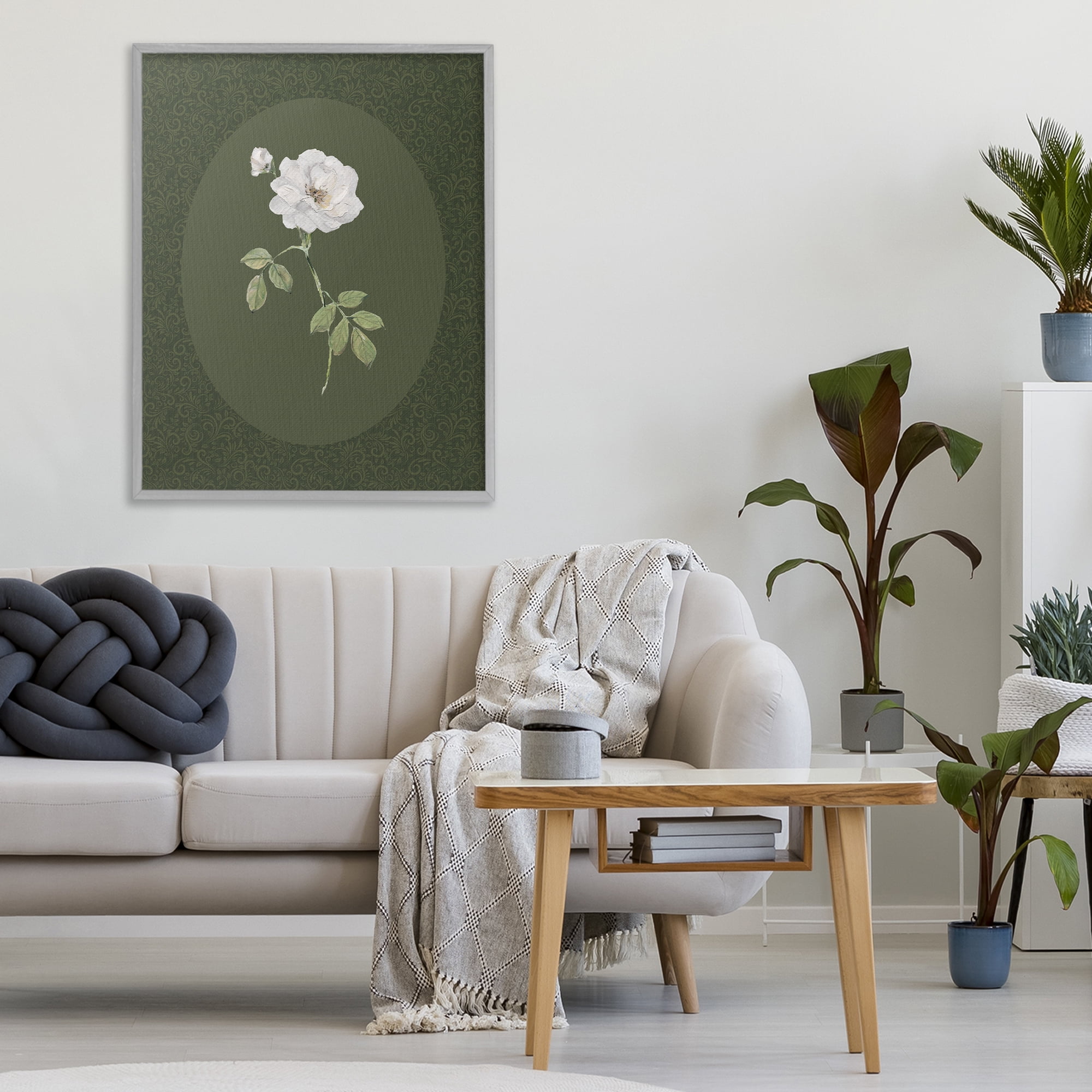 Stupell Industries White Rose on Emerald Gray Framed Giclee Art, design by Sally Swatland