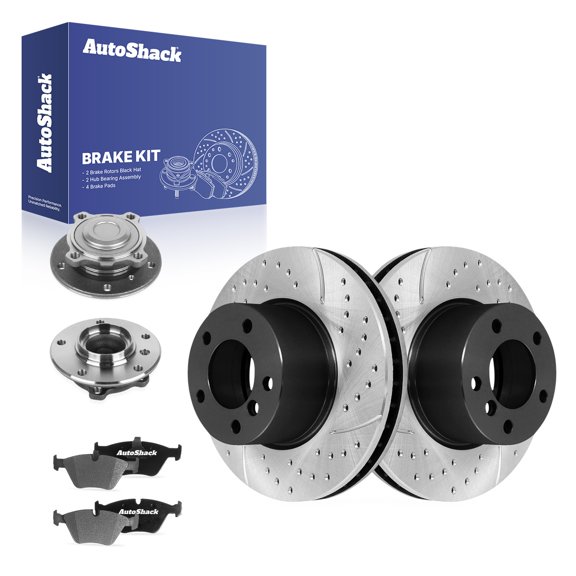 AutoShack Front Vented Drilled & Slotted E-Coated Brake Rotors   Ceramic Pads   Hub Bearing Assembly 8-PC Brake Kit Replacement for 2007 BMW 328i 2008-2013 BMW 128i ShadowGuard 11.81" (300 mm)