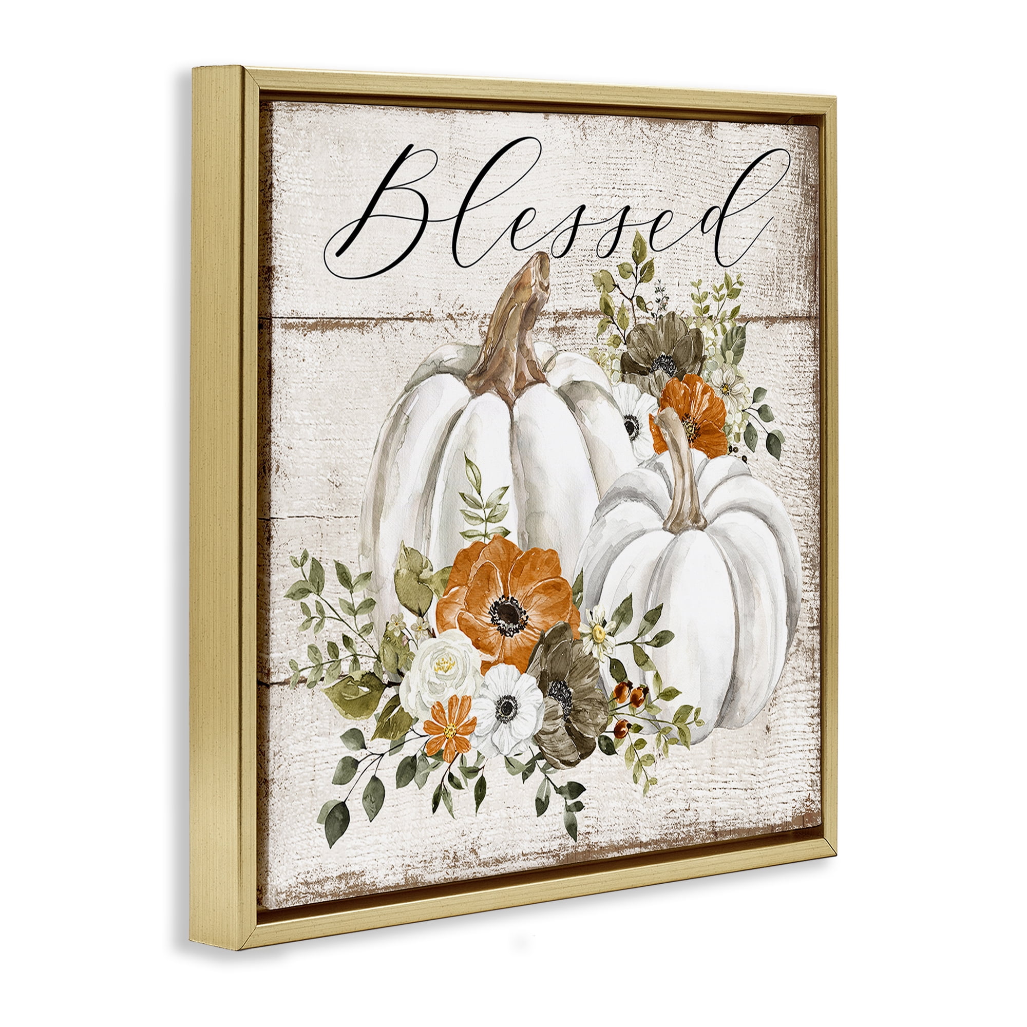 Stupell Industries Blessed Floral Pumpkin Holiday Painting Gold Floater Framed Canvas Art Prints Wall Art, 25 x 25