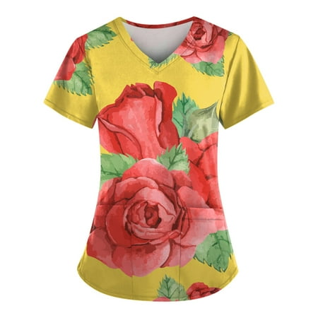 

Yubatuo Independence Day Women Plus Size Scrubs Top with Pockets V-Neck Short Sleeve Printed Work Blouse for Women Yellow 4XL