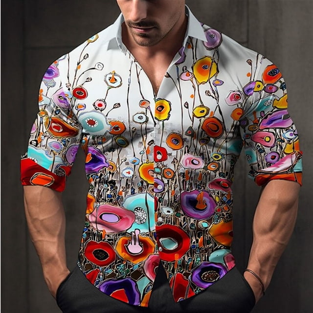 Camiseta de hombre 2024, camisa con botones, tendencia de empalme medio, nueva camisa suave y cómoda con patrón geométrico transparente de flores
