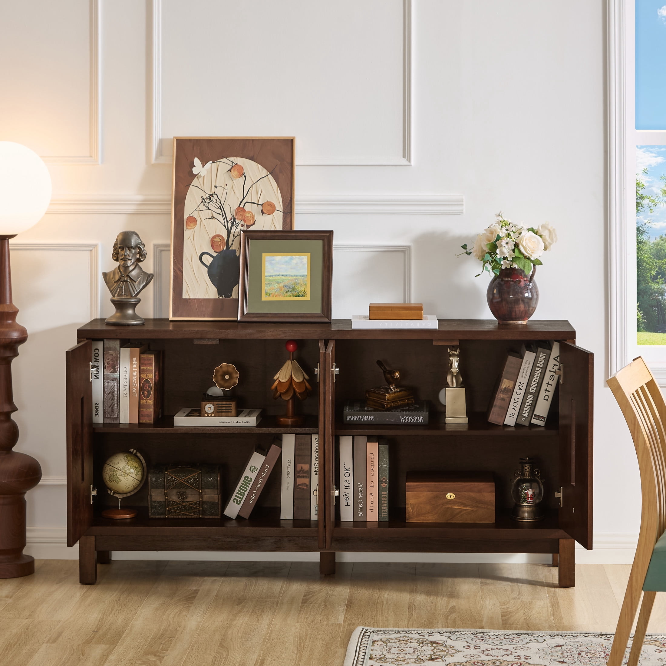 GDF Studio 60.7" Mid Century Modern Sideboard Cabinet with Doors, Adjustable Shelves, Carved Openwork, Walnut