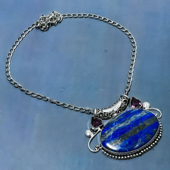 Lapis Lazuli, Amethyst 925 Sterling Silver Jewelry Necklace 18"