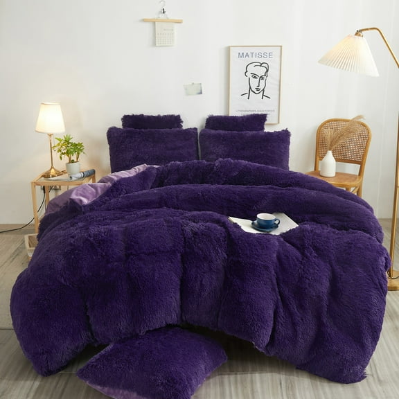 XeGe Luxury Plush Shaggy Duvet Cover Set, Ultra Soft 3 Pieces Fluffy Comforter Cover Set, Faux Fur Fuzzy Bedding Set (1 Furry Duvet Cover+2 Throw Pillow Shams), Zipper Closure (Queen, Purple)