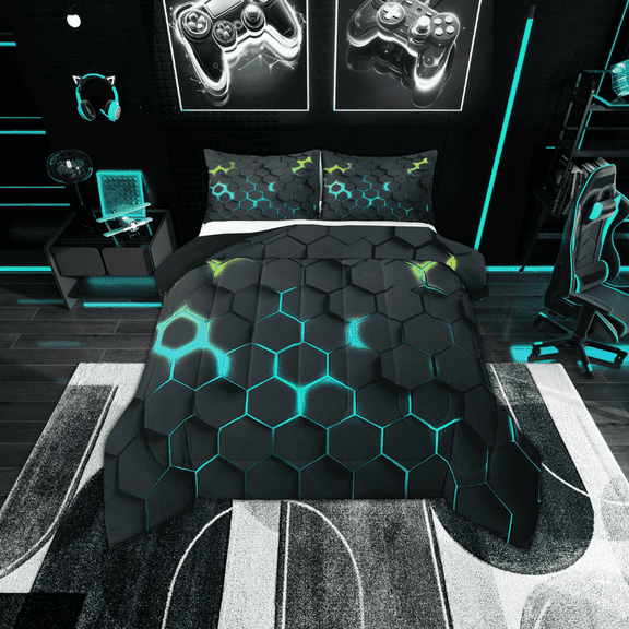 Erosebridal Gradient Cyan Green Honeycomb Bedding Sets Twin with Comforter, Geometric Hexagon Duvet Insert, Black Bedroom Decor, Reversible 2 Pieces