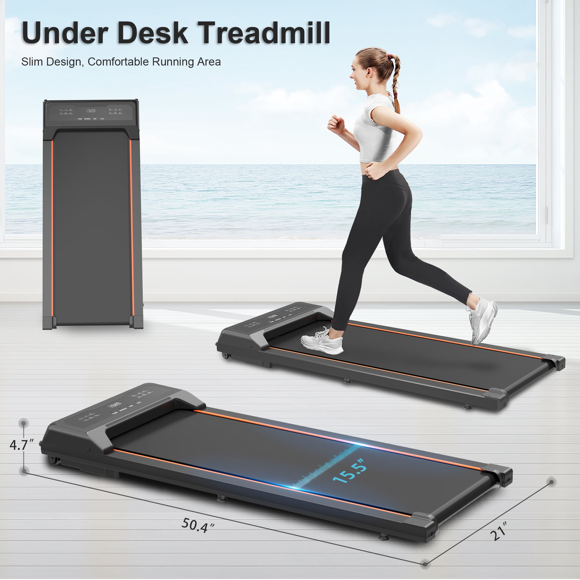 EUROCO 265LBS 2.5HP Under Desk Treadmill with 5mph Speed,50.4”Longer Running Walking Jogging Compact Exercise Machine with 12 Preset Programs Shock Reduction，Low Noise and Space-save Design for Home