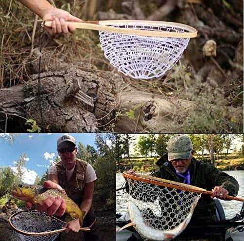 Fishing Net Fly Fishing Landing Net,Wooden Frame Fish Net with Soft Rubber Mesh for Trout Catch and Release Net Gifts for Father Men