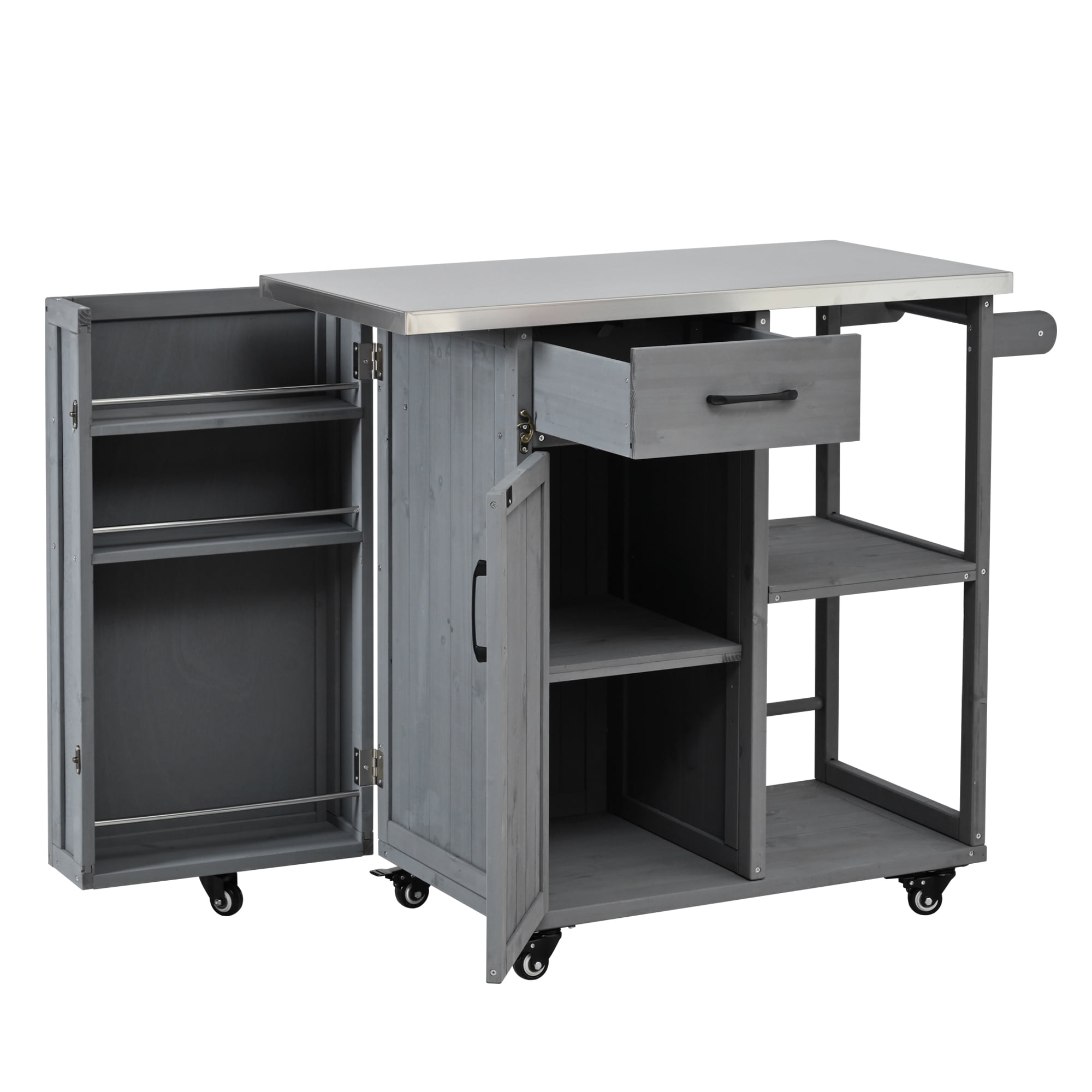 Outdoor Kitchen Island with Stainless Steel Top, Fir Wood Prep Station, Lockable Kitchen Cart with Storage Cabinet for Patio, BBQ, Grey