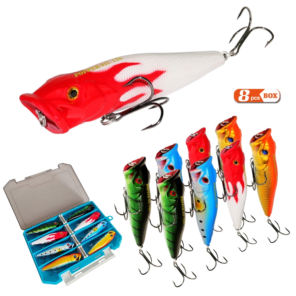 Elowen 3D Eyes Popper Lures Popper 8pcs Top Water Popper Lures 3D Eyes Artificial Fishing Lures with Hooks for Saltwater Freshwater Fishing