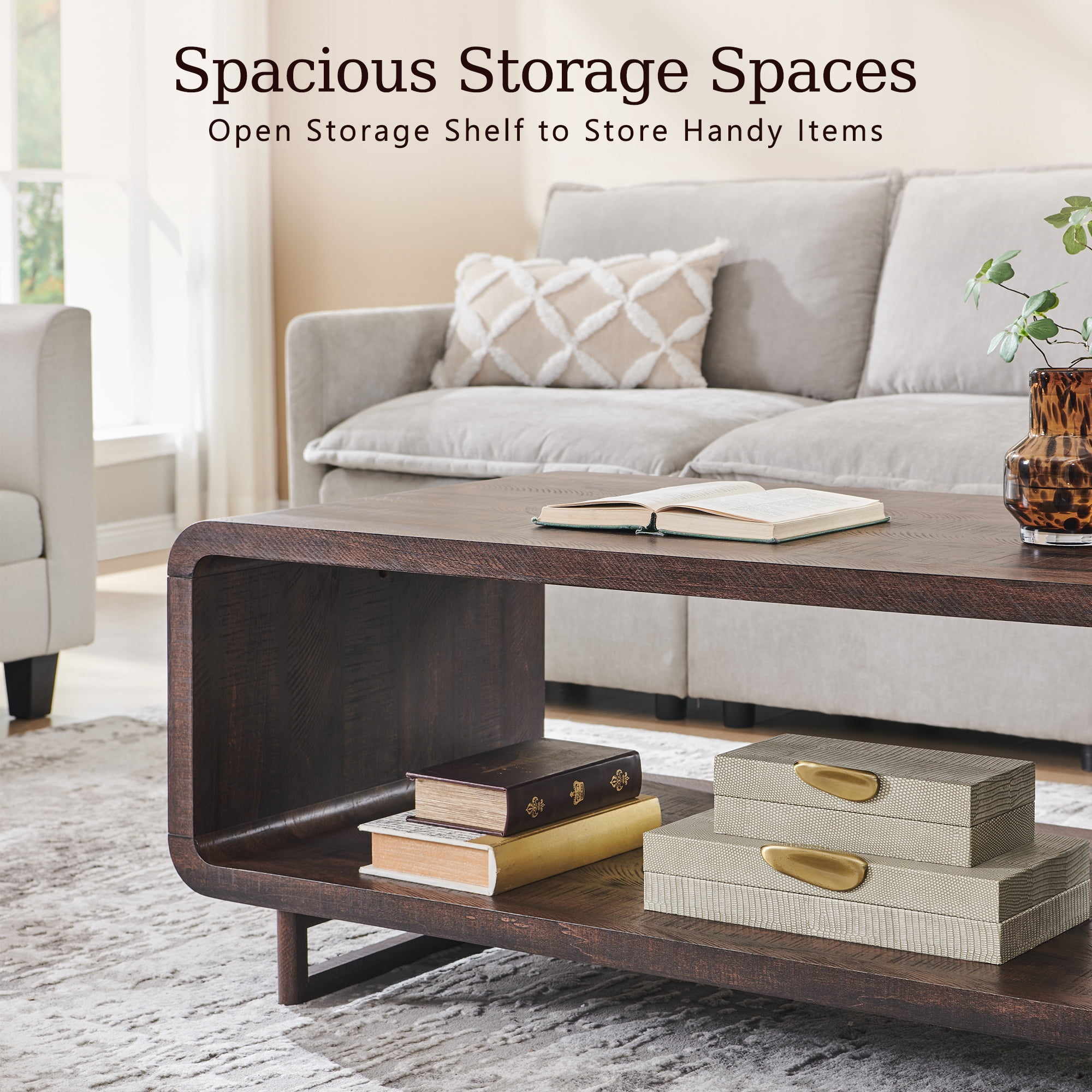 SinCiDo Modern Coffee Table with Storage Shelf, 2-Tier Wooden Rectangular Minimalist Center Table, Curved Profile Design for Living Room, Office, Brown