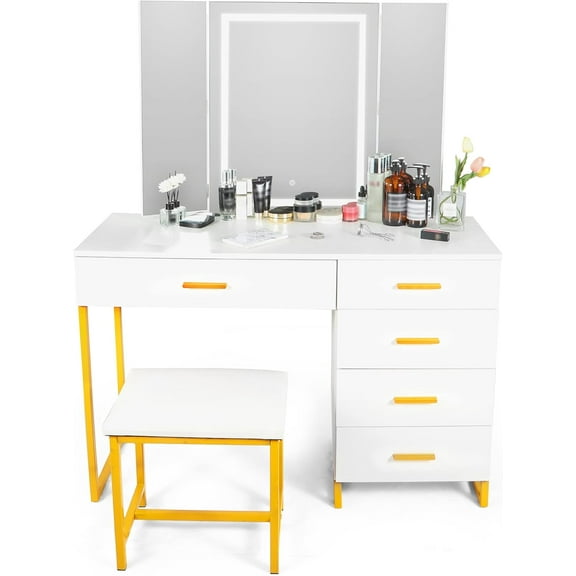 Vanity Desk with Mirror and Lights, Makeup Vanity Set with Cushiioned Stool, Storage Shelves and 5 Drawers for Bedroom, White…