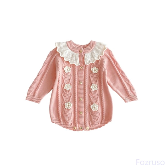 Fozruso Baby Girls Knit Bodysuit Long Sleeve Winter Outfit Lace Collar Romper Casual Wear Soft Comfortable Clothes For 0 12 Months Jumpsuit Cute Rompers Sizes 0-3 Months