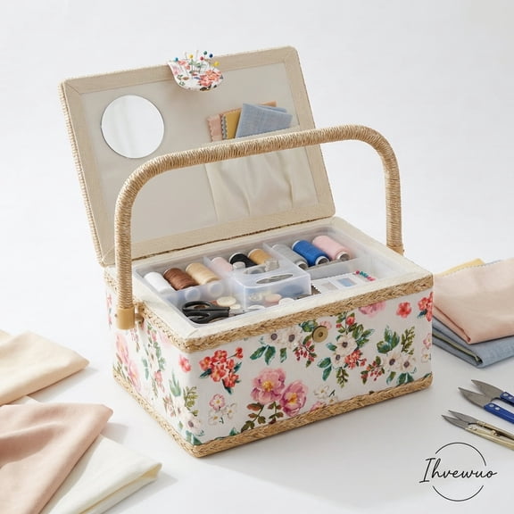 Ihvewuo Sewing Basket with Removable Tray Practical Sewing Basket Organizer with Interior Pocket Portable Sewing Storage Box Stylish Sewing Kit Basket 9.45×6.89×5.12inch Needles Thread Tape Measure