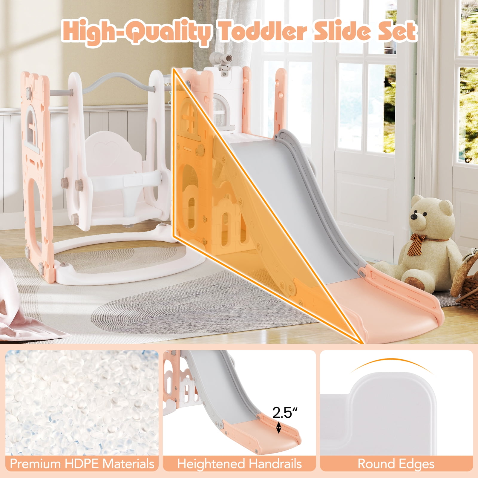 Patiojoy 7 in 1 L-shaped Toddle Swing and Slide Set Freestanding Toddler Slide Playset w/ Swing Pink