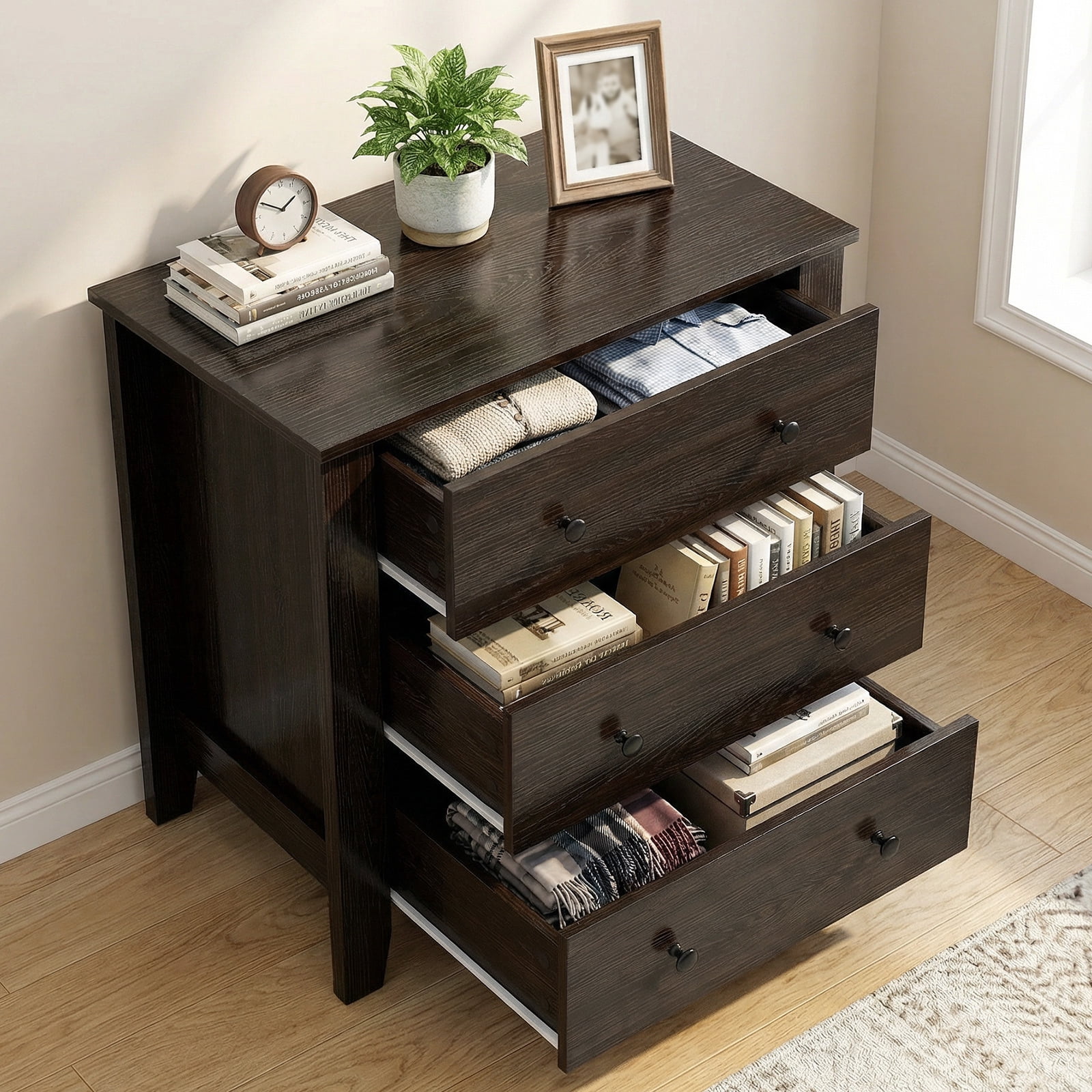 Gymax 3 Drawer Dresser Chest of Drawers Bedside Table for Living Room Bedroom Espresso