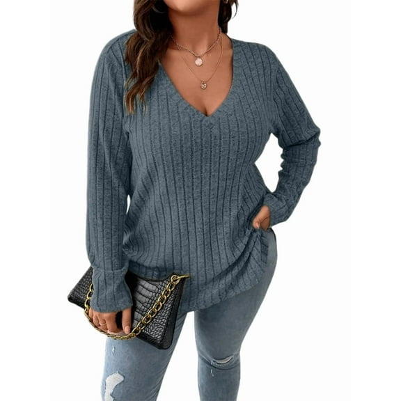 Women'S Plus Size Casual Knitted V-Neck Long Sleeve Sweater Gray Blue 5XL
