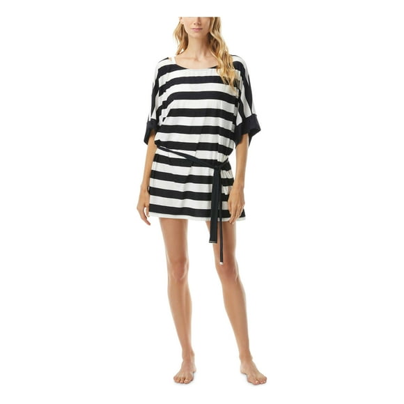 Michael Michael Kors Women's Black Striped Stretch Scoop Neck Tunic Belted Swimsuit Cover Up S