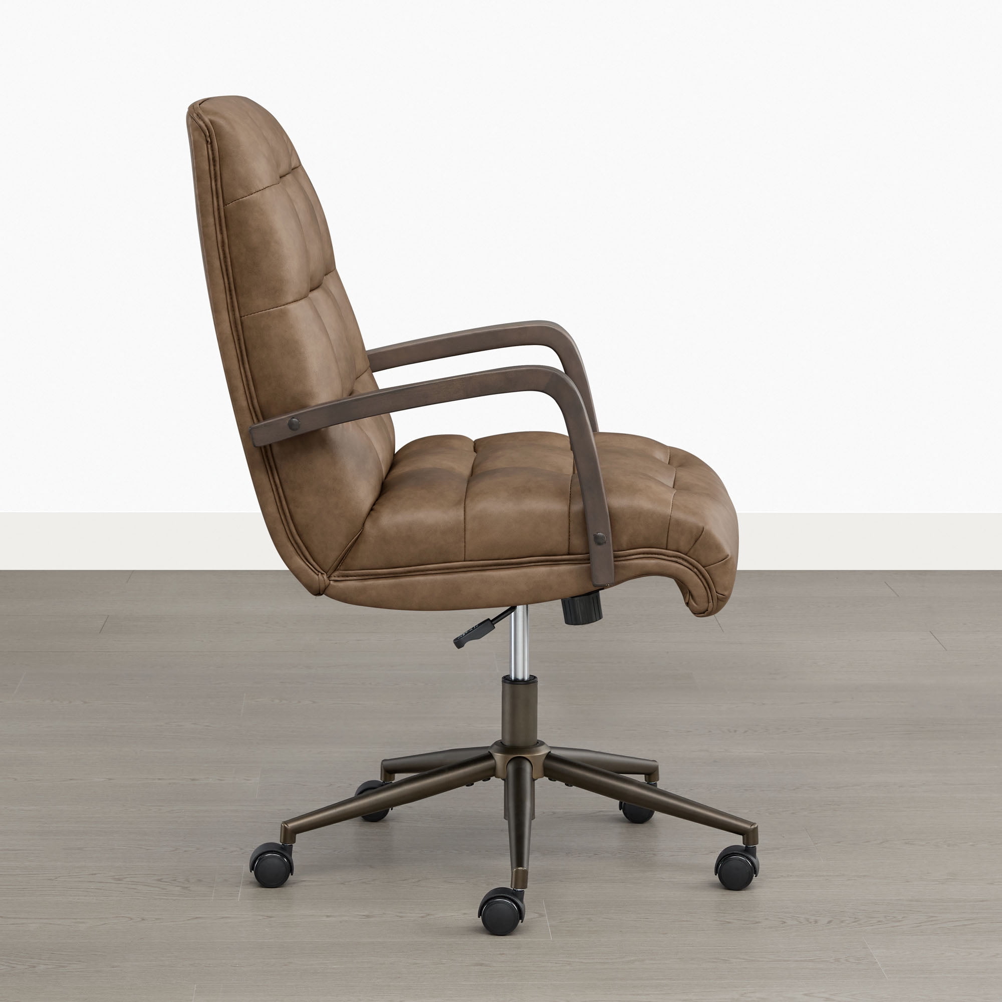 Spruce & Spring Mid-Century Modern Office Chair with Solid Wood Arms, Faux Leather Desk Chair with Adjustable Height & Tilt for Home Office, Brown