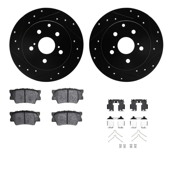Dynamic Friction Company Rear Brake Rotors-Drilled and Slotted-Black with 5000 Advanced Brake Pads includes Hardware 8512-76177