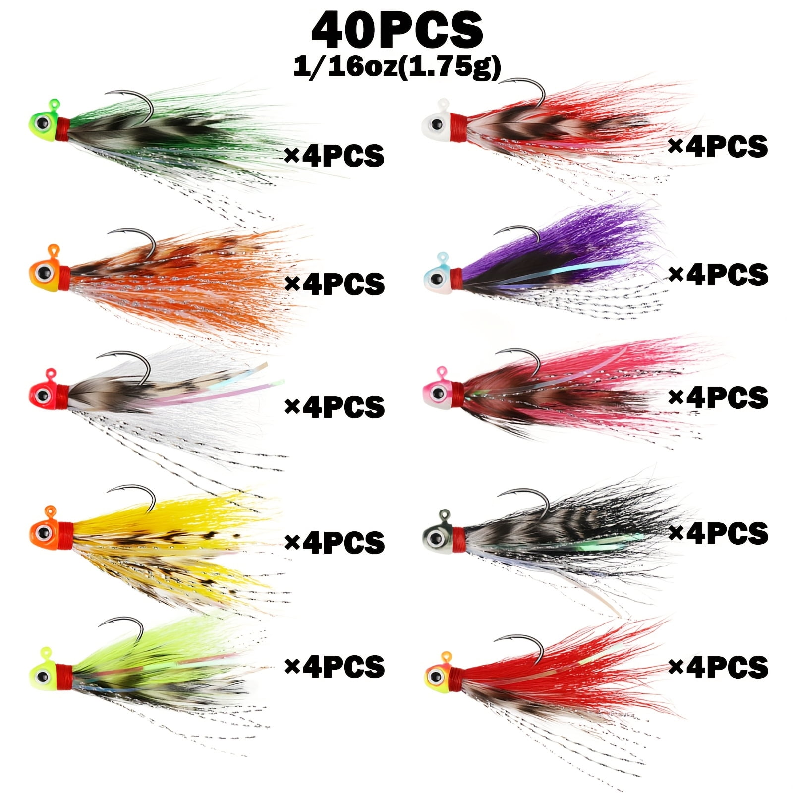 40Pcs 3D Eyes Crappie Jigs, Hand-Tied Hair Bucktail Jig Heads, 10 Mixed Colors 1/32oz 1/16oz 1/8oz Lures for Trout Walleye Panfish Freshwater Fishing