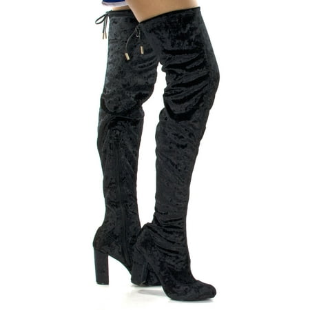 #Kenzy6 by Liliana, Black Block High Heel Over The Knee / Thigh High Boots, Back Top Tie