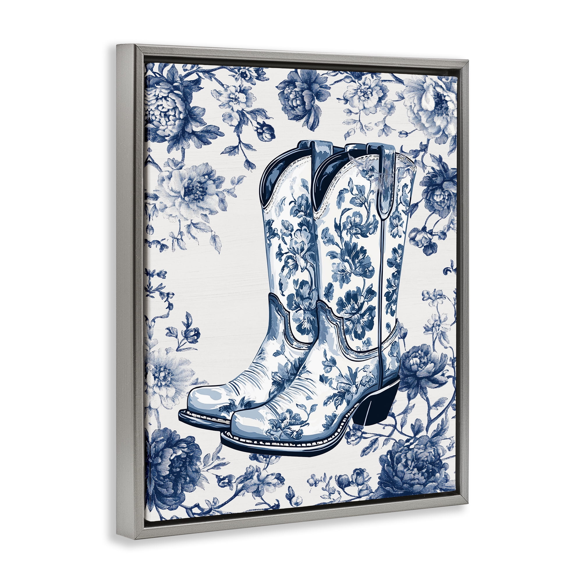 Blue Spring Florals & Boots Gray Framed Floater Canvas Wall Art, design by Lettered and Lined
