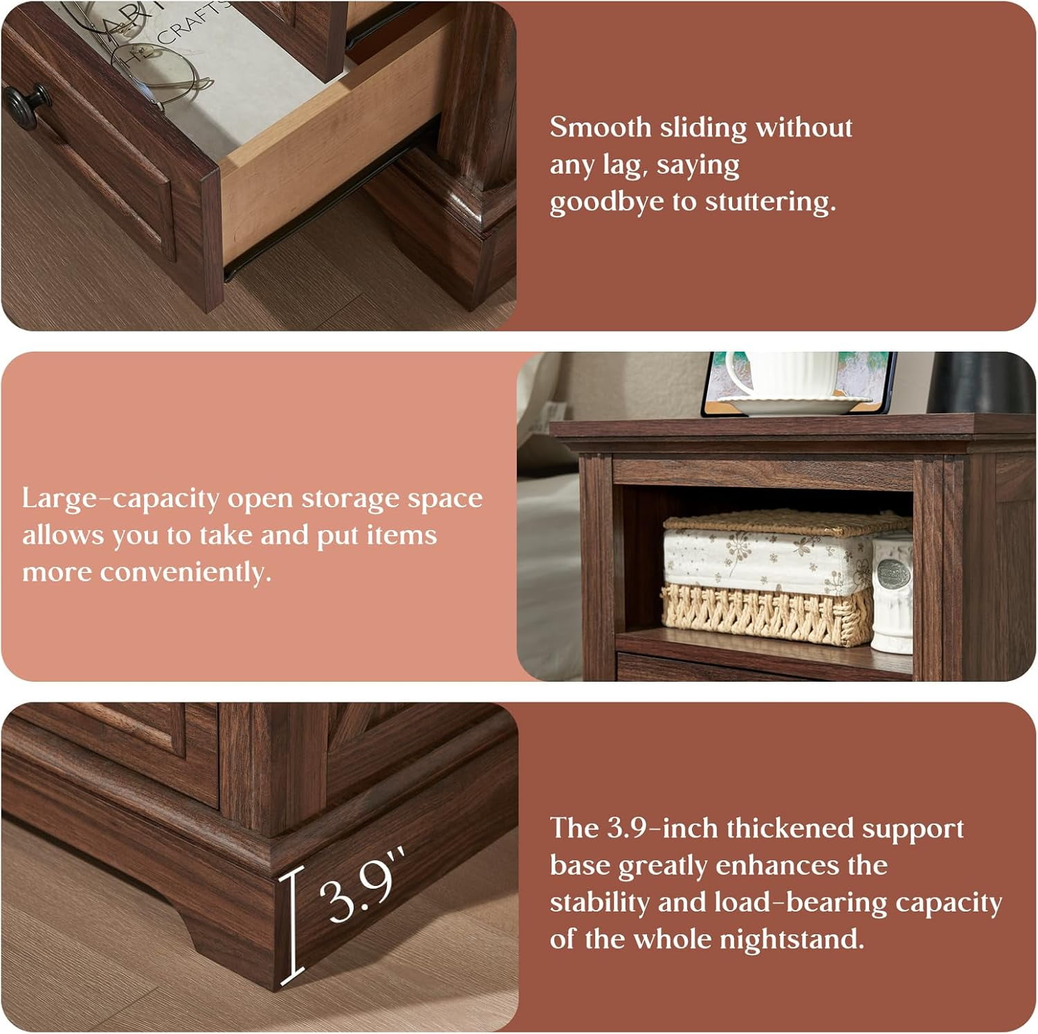 18" Farmhouse Nightstand with Charging Station,Side Table with 2 Drawers and Open Storage, Side Table,Bedside Cabinet for Bedroom,Living Room,Brown