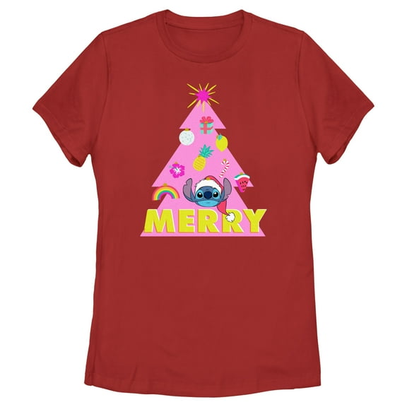 Women's Lilo & Stitch Merry Christmas Tree Graphic Tee Red Small