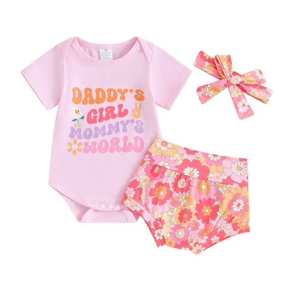Bagilaanoe 3pcs Newborn Baby Girl Shorts Set Short Sleeve Letter Print Romper Tops Floral Shorts Headband 3M 6M 12M 18M Infant Casual Summer Clothes