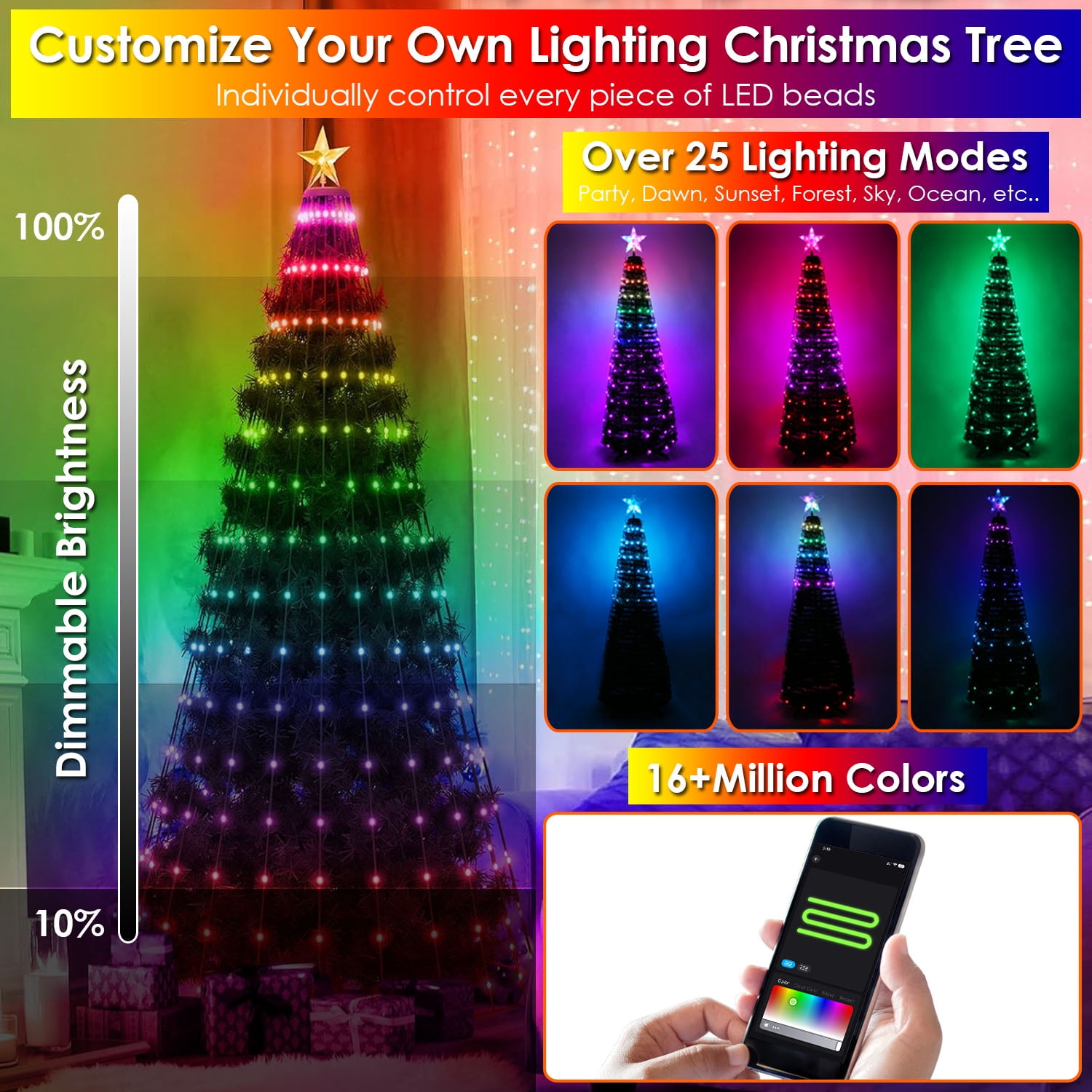 4.9FT Collapsible Christmas Tree with 166 LED Lights,  IP65 Waterproof Artificial Christmas Tree with Remote App Control Timer Setting for Xmas Holiday Party Fireplace Decor