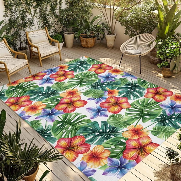 Fsddascl Tropical Botanical Outdoor Rug for Patio/Deck/Porch, Non-Slip Large Area Rug 6 x 9 Ft, Summer Watercolor Leaves Floral Indoor Outdoor Rugs Washable Area Rugs, Reversible Camping Rug Carpet