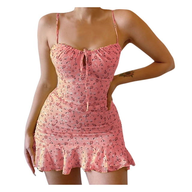 Ruimatai Robe Mini à Bretelles Spaghetti Florale pour Femmes Été Décontractée en Chiffon Sans Manches Col en V Robe de Plage