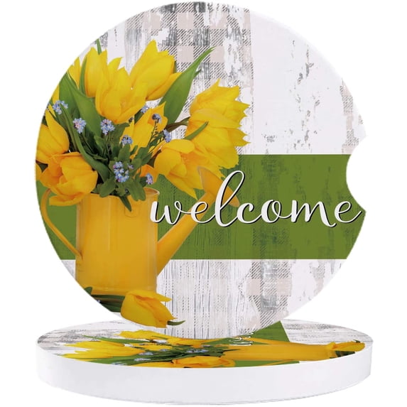 FMSHPON Spring Flowers Tulip and Kettle Wooden Grain Set of 6 Car Coaster for Drinks, Absorbent Ceramic Stone Coasters Cup Mat with Cork Base for Home Kitchen Room Coffee Table Bar Decor